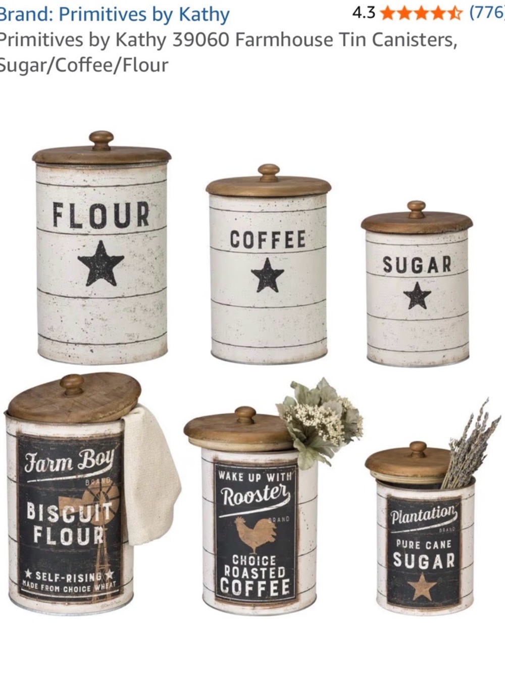 Primitives by Kathy White and Brown Farmhouse Tin Canister Set with Wood Lids